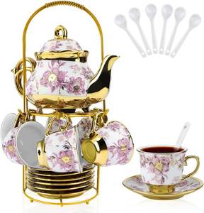 lot 20972 image: Porcelain Tea Set with Metal Holder, 20 Pcs - Ceramic Tea Set for Adults