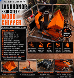 lot 700 image: Land Honor Skid Steer Wood Chipper 4 Inch Capacity Gravity Fed