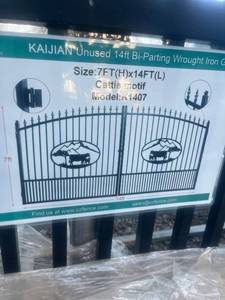 lot 1041 image: Kaijian 14 ft Bi-Parting Wrought Iron Gate 7FT(H)x14FT damage on top spikes 1 half