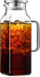 lot 2113 image: 2 Qt Square Glass Pitcher with Lid and Spout, Borosilicate Carafe