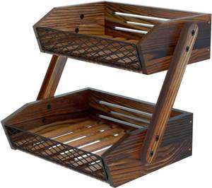 lot 2207 image: Dorhors 2-Tier Fruit Basket Kitchen Counter Organizer, Rustic Brown Rack