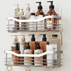 lot 2212 image: Orimade Shower Caddy Shelf, 2-Pack, Wall-Mounted, Stainless Steel, 5 Hooks