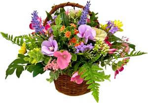 lot 2224 image: Svndlyn 12 Inch Lighted Spring Flower Basket with Timer and Woven Handle