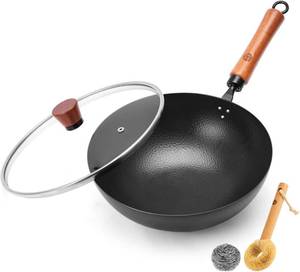 lot 2252 image: WANGYUANJI 11-Inch Iron Wok, Hand-Hammered, Uncoated, Wooden Handle