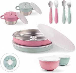 lot 2257 image: Elk and Friends Kids Stainless Steel Bundle Plates, Bowls, Snack Cups