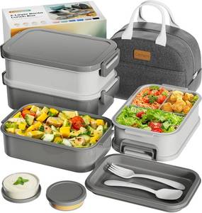 lot 2264 image: Adult 3-Stack BPA-Free Insulated Bento Box, 74oz, with Utensil (Dusk Gray)