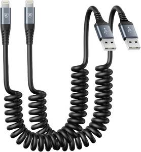 lot 2279 image: Coiled Lightning Cable 3FT Car Charger, 2-Pack Black  Apple MFi Certified