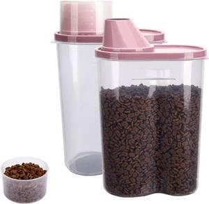 lot 2299 image: 2 Pack Pet Food Storage Container 2lb2.5L with Measuring Cup, Covers & Bowl