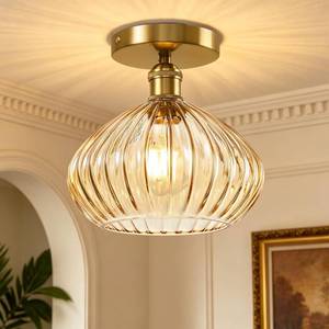 lot 2344 image: 8 Semi-Flush Mount Amber Ribbed Glass Ceiling Light - Vintage Mid-Century