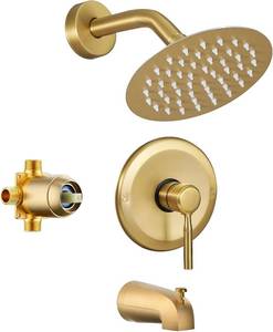 lot 2347 image: Tub Shower Faucet Set with Valve, 6-in Rain Head, Tub Spout, Brushed Gold