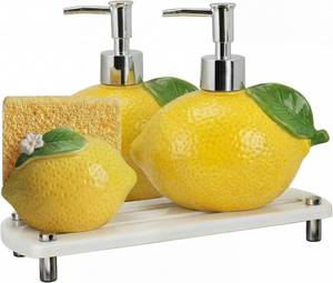 lot 2395 image: 4-Pc Lemon Ceramic Soap Dispenser with Sponge Tray - Kitchen & Bath Decor