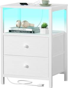lot 2400 image: BOLUO White Nightstand with Charging Station, LED Night Stand, USBOutlets