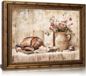 lot 2425 image: Glod Framed Vintage Kitchen Canvas Wall Art, Sourdough Bread Still Life