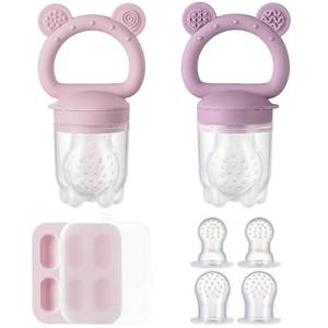 lot 2442 image: 2 Pack Silicone Baby Fruit Feeder with Mini Freezer Tray for Teething Purple