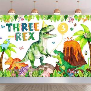 lot 2510 image: Three Rex Dinosaur Birthday Party Decorations - 3rd Birthday Banner Backdrop