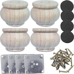 lot 2517 image: 2 Inch Wooden Furniture Legs, Unfinished Bun Feet   Set of 4