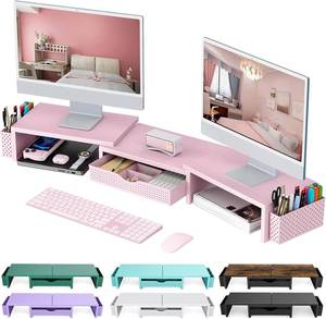 lot 2538 image: gianotter Dual Monitor Stand Riser with Drawer & 2 Pen Holders - Pink