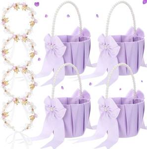 lot 2547 image: Flower Girl Basket Set of 4 with Headpiece Pearl Handle, Purple