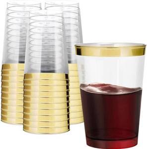 lot 2573 image: 25pcs Clear Plastic Cups 10oz Rimmed Disposable Party Cups gold