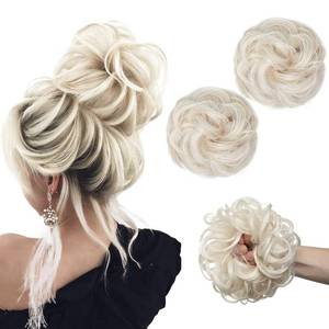 lot 2583 image: SARLA 2PCS Messy Bun Wavy Curly Synthetic Updo Ponytail Extension Blonde