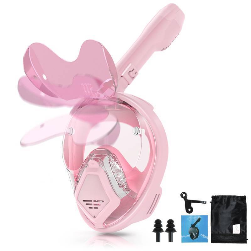 lot 2053 image: Xyuee Devilfish Full Face Snorkel Mask Kids Pink XS, Dry Top System Snorkeling Gear with Foldable Sunglasses, 180 Degree Panoramic View Snorkel Set, Scuba Diving Masks Anti-Leak & Anti-Fog - Retail $28