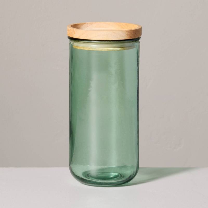 lot 2041 image: 27.7oz Tinted Glass Kitchen Storage Jar with Wood Lid Green - Hearth & Hand with Magnolia - Retail $13