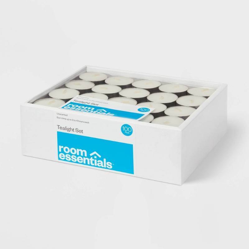 lot 2080 image: 100ct Unscented Tea Lights Candle White - Room Essentials Paraffin Wax, Indoor Use, 3-Hour Burn, Plastic Container - Retail $11