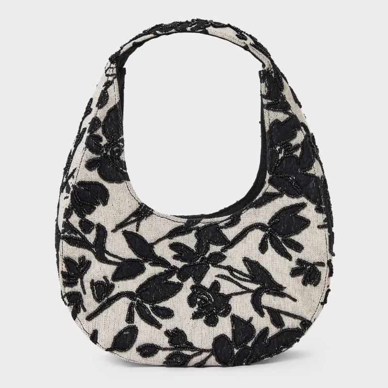 lot 1092 image: Mini Beaded Crescent Handbag - A New Day Off-WhiteBlack Floral Pattern, Softside Jacquard Weave, Single Handle - Retail $30