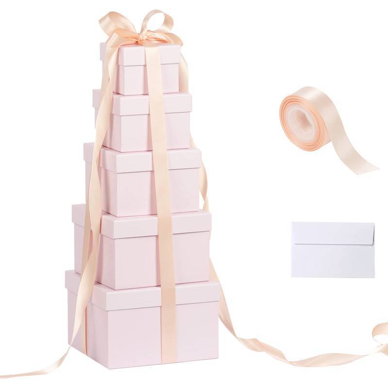 lot 1040 image: CHARMGIFTBOX 5 Pack Large Square Nesting Gift Boxes with Lids for Presents, 4-8 Pink Stacking Gift Box with Ribbon Card Retail $19.99