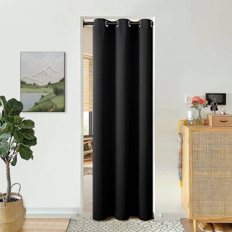 lot 1019 image: BGment Black Door Curtain 80 Inch Length for Doorway, Bedroom Closet Curtain, Privacy Thermal Insulated Blackout Grommet Room Divider for Room Separation, 1 Panel, 34 Inch Wide Retail $22.49