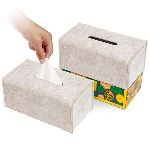 lot 1042 image: 2 Pack Tissue Box Cover - Decorative Tissue Box Holder - Modern Felt Tissue Box Cover Rectangle - Medium Size - Oatmeal Retail $14.99