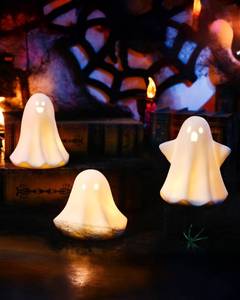 lot 1058 image: AOMOONOA Ceramic Ghosts Small White Ghost Figurine, 3PCS Light Up Ghost Decor, Small LED Ghost Halloween Decor Spooky Sculptures for Indoor Halloween Party Tabletop Home Shelf Decoration - Retail $23