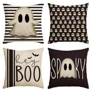 lot 1062 image: AVOIN colorlife Halloween Hey Boo Cute Ghost Spooky Throw Pillow Covers, 18 x 18 Inch Horror Scary Cushion Case for Sofa Couch Set of 4, Black - Retail $10