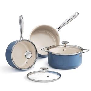 lot 1073 image: Stock Pots Set 5QT, Sauce Pan with Lids(2.5QT3.5QT), Induction Cooking Pot Set,Ceramic Pots with Stay Cool Handle, Nonstick Cookware Set, PTFEPFASFree, DishwasherOven Safe (Blue) - Retail $90