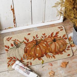 lot 1083 image: Orange Dot Pumpkin Eucalyptus Fall Doormat, Autumn Low-Profile Indoor Outdoor 17x29 Inch - Retail $16