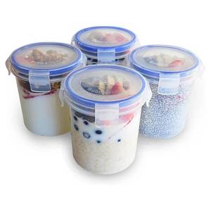 lot 1109 image: Overnight Oats Container with Lids (4-Piece set) - 16 oz Plastic Containers with Lids - Oatmeal Container to go  Portable Cereal and Milk Container on the go  Airtight Snap Lock Storage Jars - Retail $19