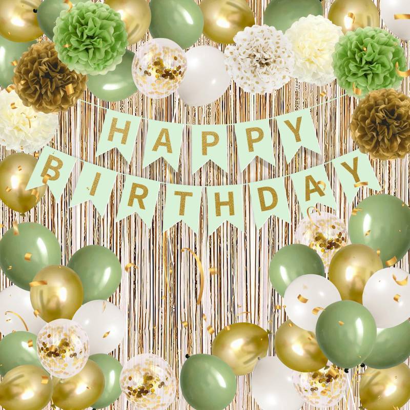 lot 2047 image: Sage Green Birthday Decorations Green Gold Party Decor Olive Green Gold White Sand Balloons Set Happy Birthday Banner Gold Fringe Curtain for Kids Men Women Girls Boys Green Birthday Party Supplies Retail $9.99
