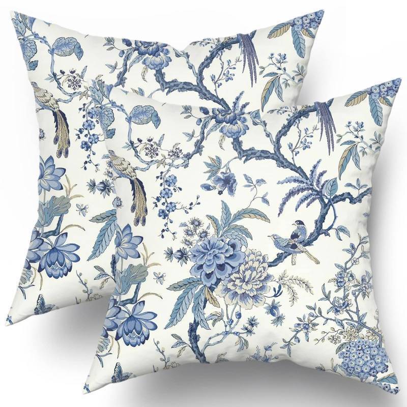 lot 2049 image: Chinoiserie Pillow Covers Set of 2 Blue and White Outdoor Pillows Bule Birds Flowers Throw 18x18 Inch Cotton Square Cushion Cover Decor for Bedroom Couch Bed Living Room Sofa Chair Retail $17.99