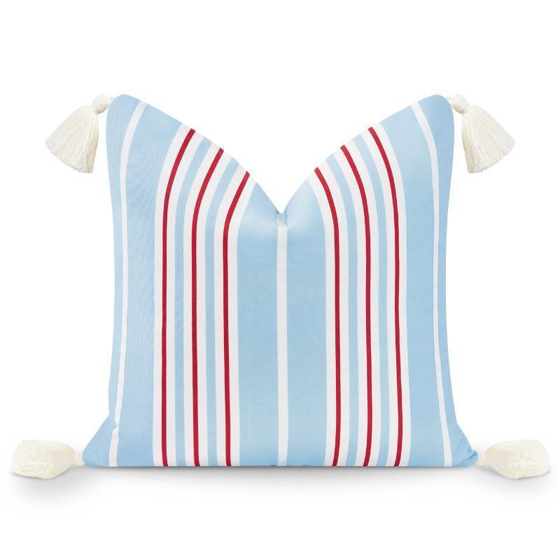 lot 2051 image: Hofdeco Premium Coastal Hampton Style Patio Indoor Outdoor Throw Pillow Cover Only, 18x18 Water Resistant for Backyard, Couch, Baby Blue Red Stripe Tassel Retail $34