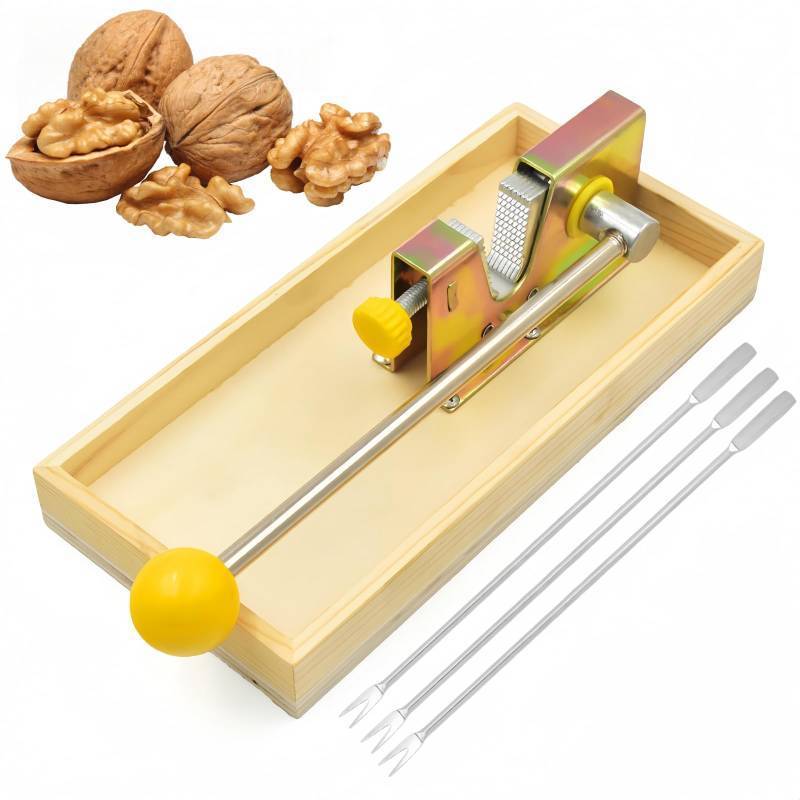 lot 2052 image: Frezonika Nut Crackers with 3 Picks for All Nuts, Heavy Duty Stainless Steel Nut Cracker for Black Walnuts Pecan, Manual Adjustable Jaws Nutcracker Tool (Yellow) - Retail $28
