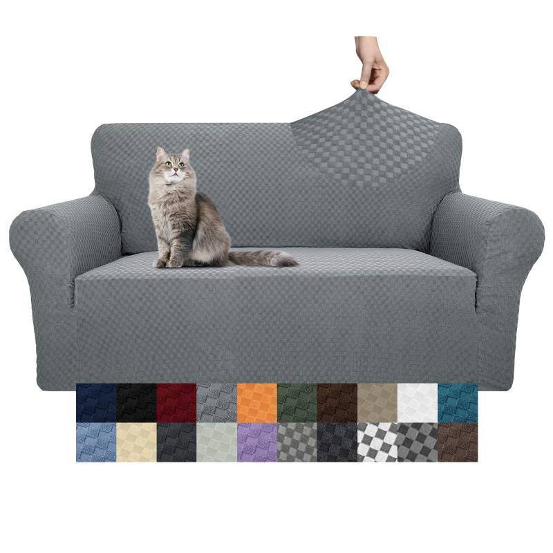 lot 2057 image: YEMYHOM Couch Cover Latest Jacquard Design High Stretch Sofa Covers for 2 Cushion Couch, Pet Dog Cat Proof Loveseat Slipcover Non Slip Magic Elastic Furniture Protector (Loveseat, Light Gray) Retail $37.49