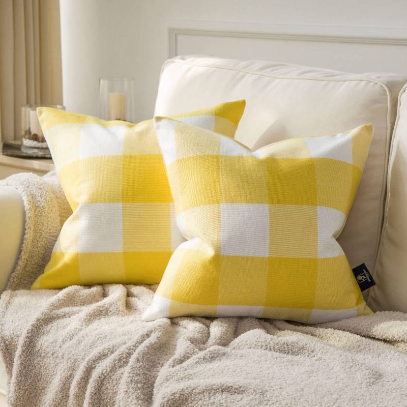 lot 2060 image: Phantoscope Pack of 2 Gingham Buffalo Check Plaid Throw Decorative Pillow Cover Outdoor Indoor Throw Pillows Farmhouse Square Pillow Cases for Home Decor Yellow,18 x 18 Inches Retail $18.39
