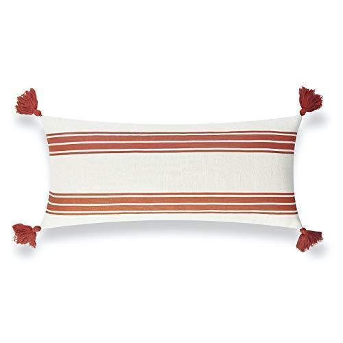 lot 2061 image: Indoor Outdoor Long Lumbar Pillow Cover ONLY Orange Aviv Stripe Tassel, 12x26 Retail $24.99