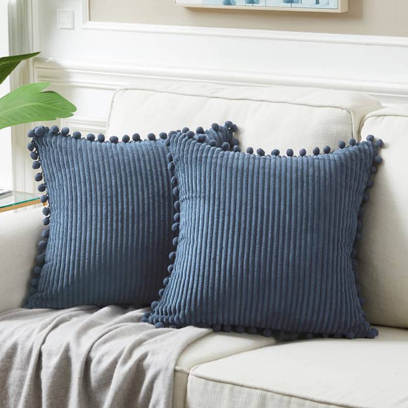 lot 2064 image: Fancy Homi Pack of 2 Dusty Blue Decorative Throw Pillow Covers 20x20 Inch with Pom-poms for Living Room Couch Bedroom, Soft Corduroy Solid Square Cushion Case 50x50 cm, Rustic Farmhouse Home Decor Retail $17.99