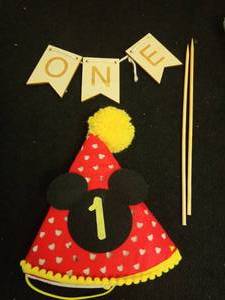 Birthday Cake Topper 1st First Birthday Cake Bunting Wood Color + Felt Cutout Mouse Ears "1" Red Party Hat w/Yellow Pompom Retail $15