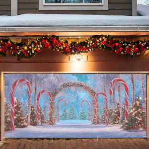lot 111 image: ANNA QUEEN Snowy Candy Cane Arch Christmas Garage Door Banner 6 x 13FT, Holiday Season Winter Wonderland Outdoor Garage Decoration for Parties Home Decor