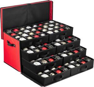 lot 163 image: ZOBER Christmas Ornament Storage Box - Stores 128 3 Ornaments with Drawer Style Trays - Tear Proof 600D Oxford Fabric - Ornament Organizer Storage Box, Durable Christmas Containers Holder - Red