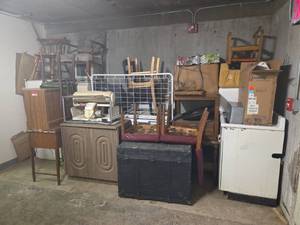 lot 23083 image: Bulk Lot Including Gas Stove, Refrigerators, Chairs, Old Chest, and More