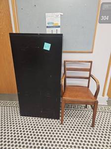 lot 23142 image: Wood Armchair with Ladder Back and Black Filing Cabinet
