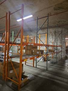 lot 4356 image: Pallet Racking System w Orange Steel Frame Beams